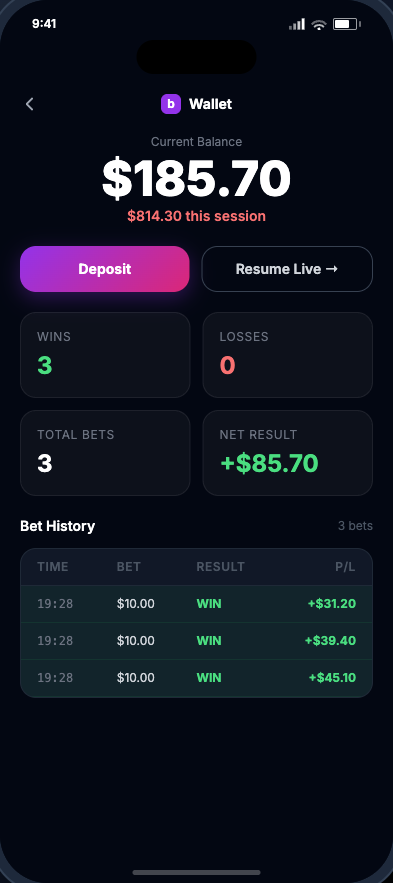 betr wallet showing wins and balance